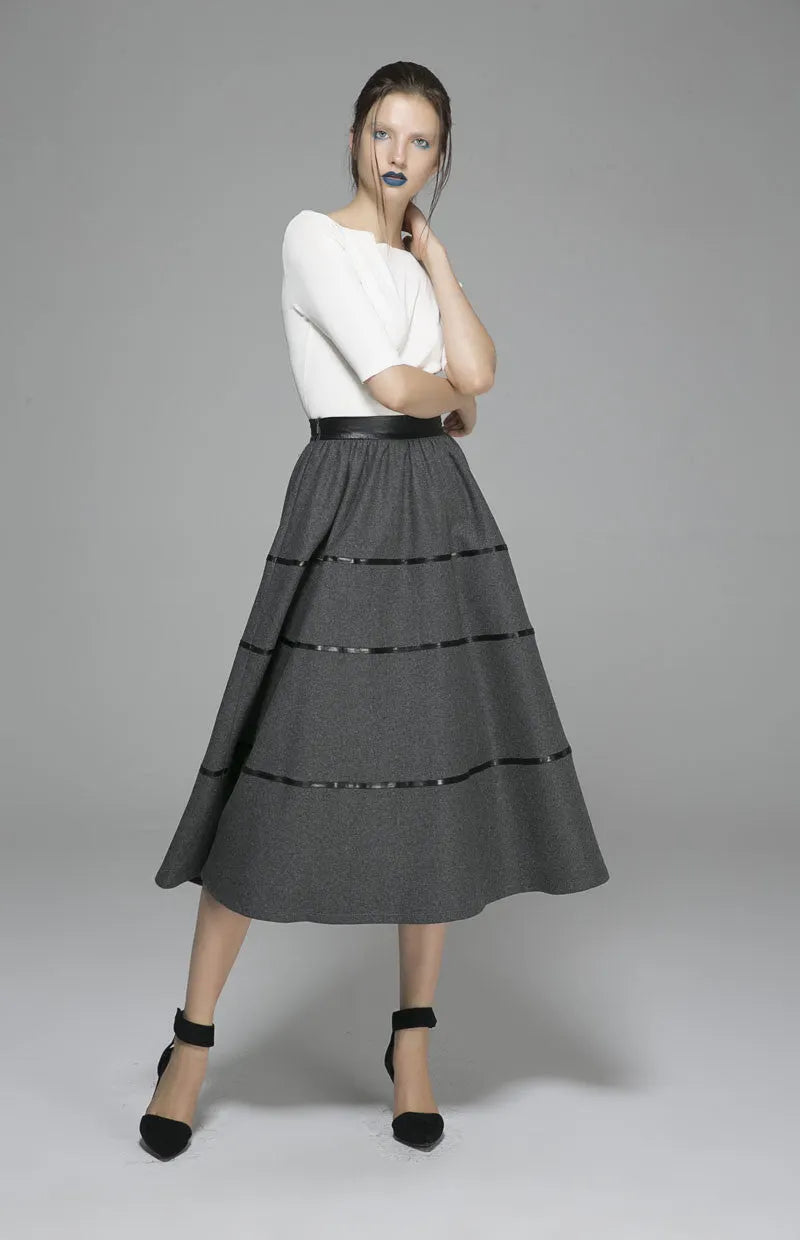Gray Wool Maxi Skirt - Pleated Full Flowing Design 1376