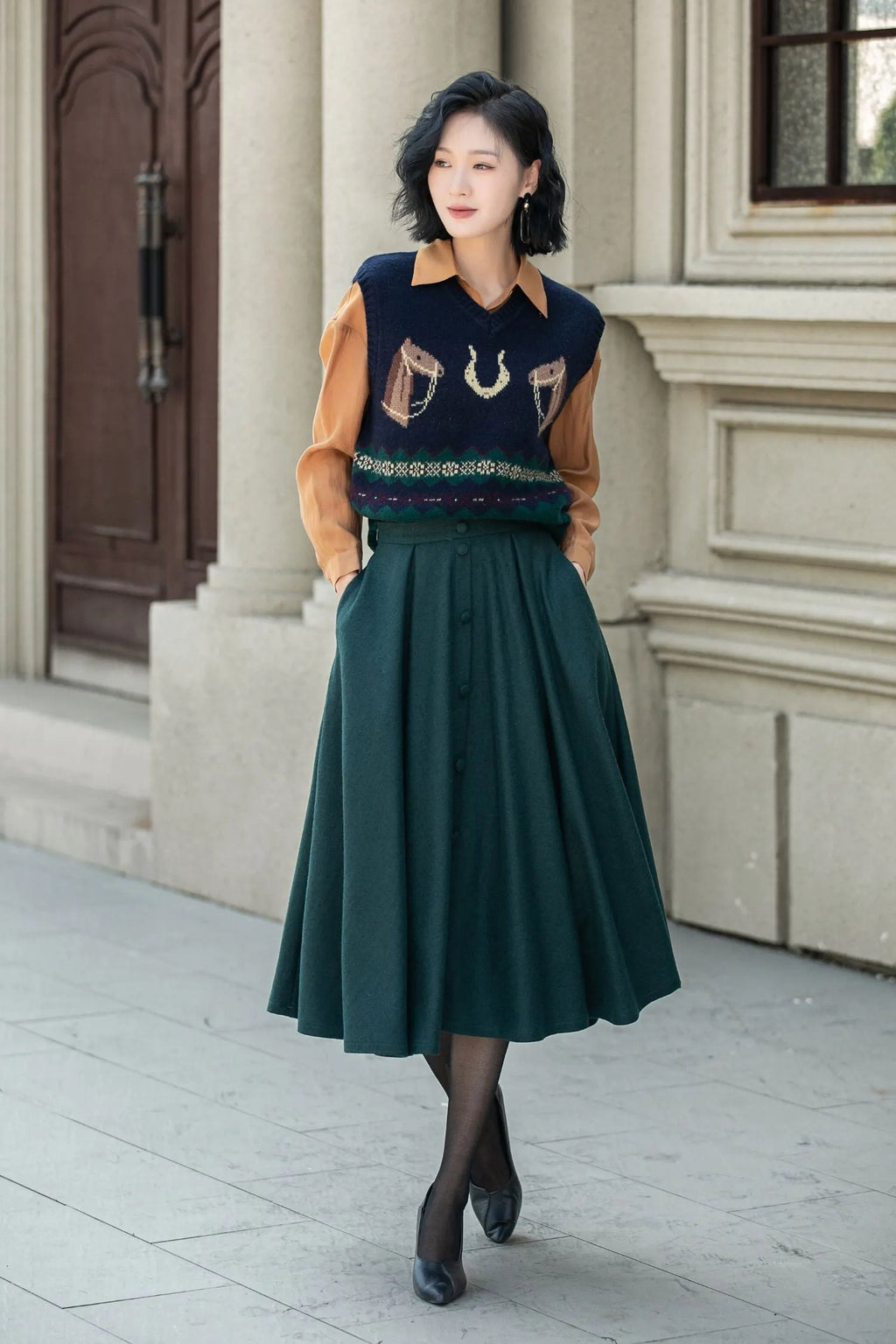 Dark Green Wool Midi Skirt - Flared A-Line with Elastic Waist 5311