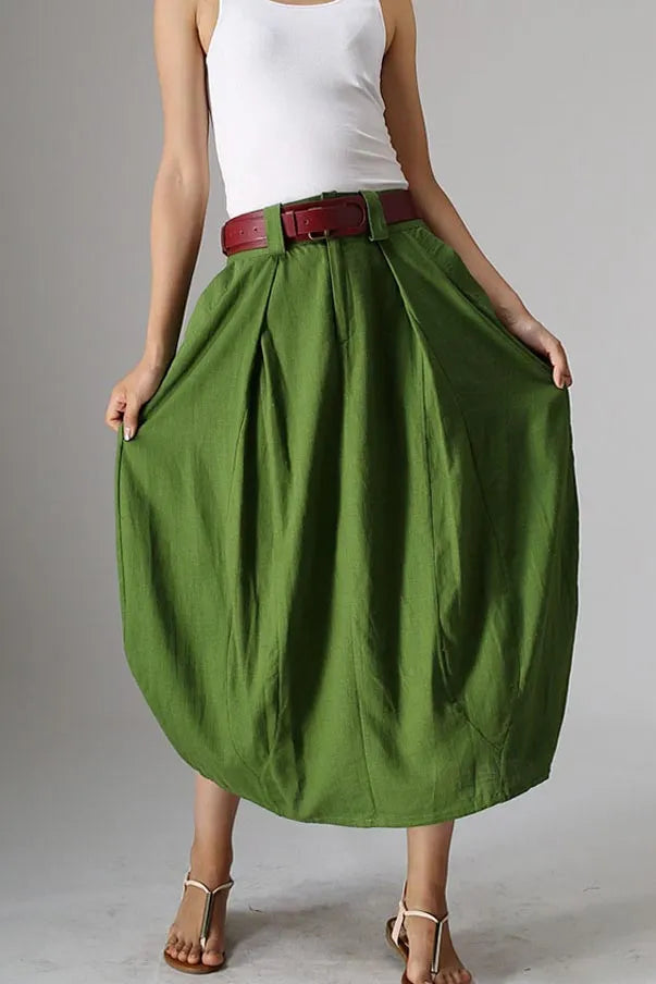 Handmade Linen Bubble Skirt Green – High-Waist Pleats Midi – 0984