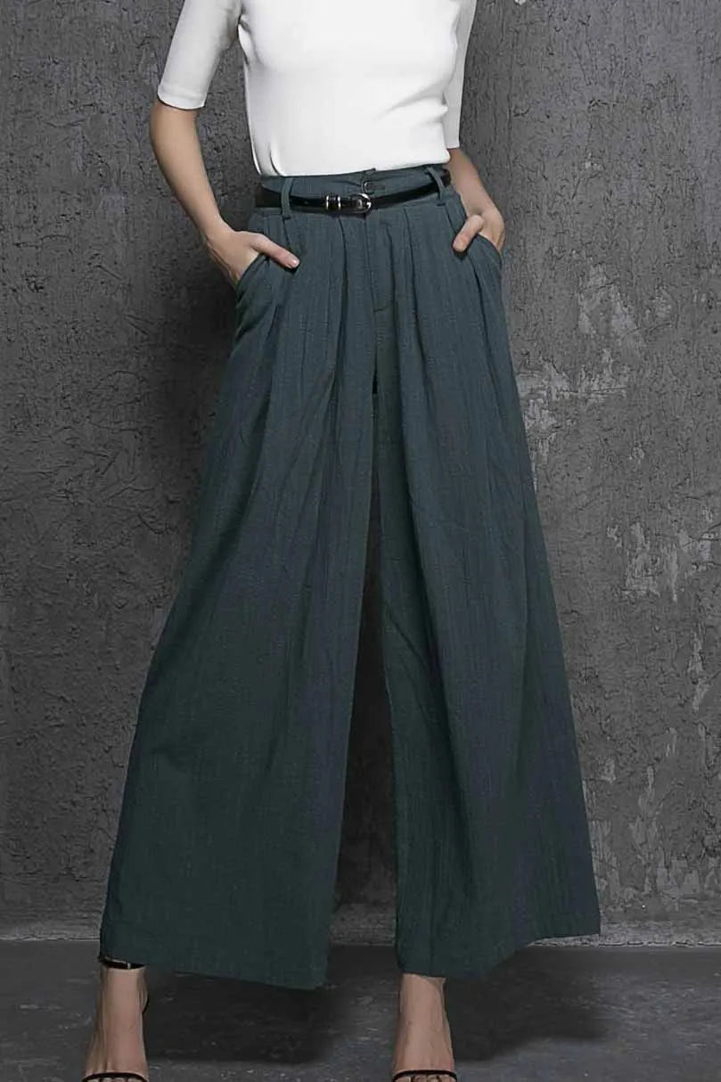 Green Linen Cotton Palazzo Pants - Wide Leg Ankle 