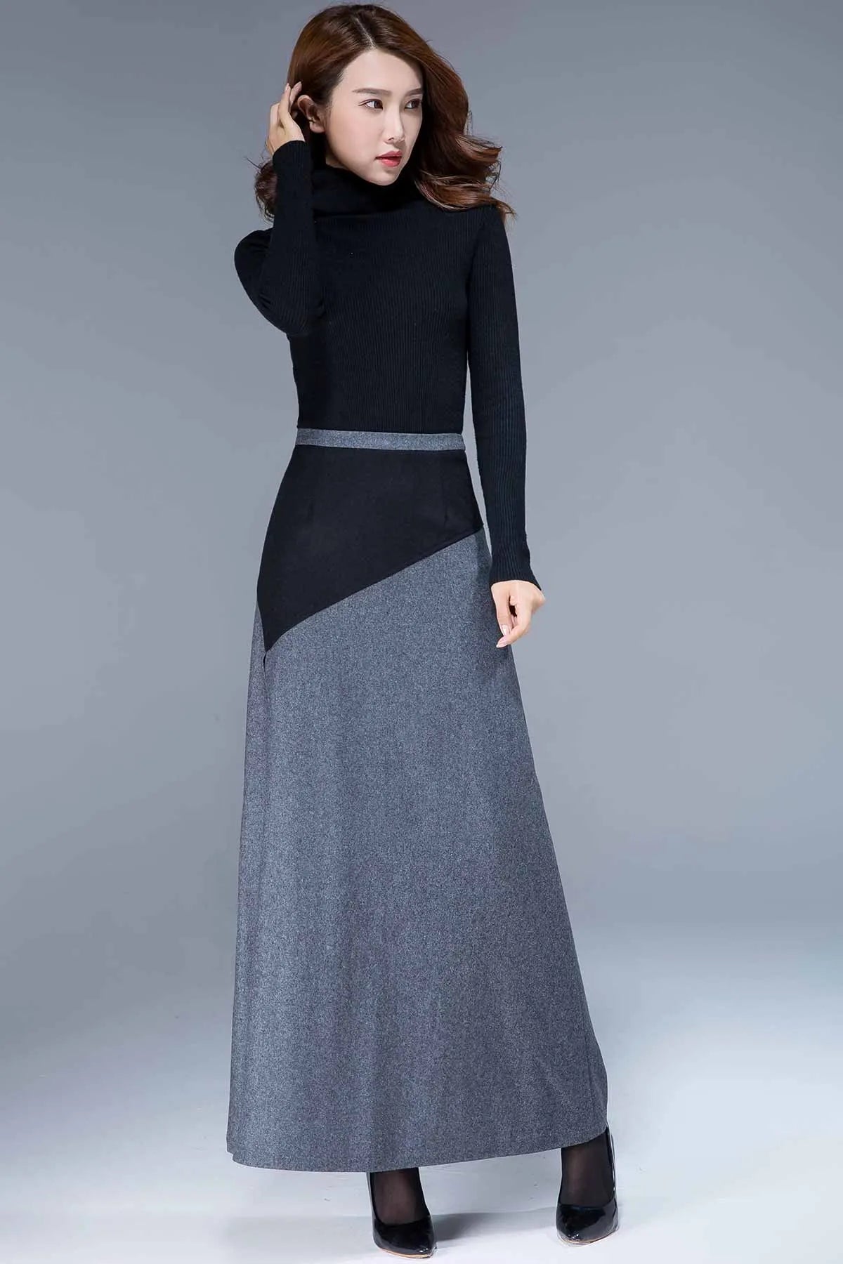 Gray Wool Maxi Skirt - Patchwork A-Line Silhouette 1795