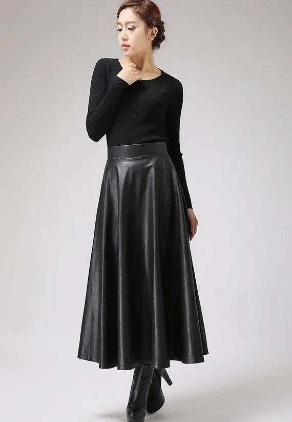 Handmade Black Faux Leather Midi Skirt – Vegan PU A-Line Skirt 
