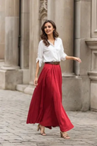 Red Cotton Linen Maxi Skirt - High-Waisted Pleated A-Line Swing 5516