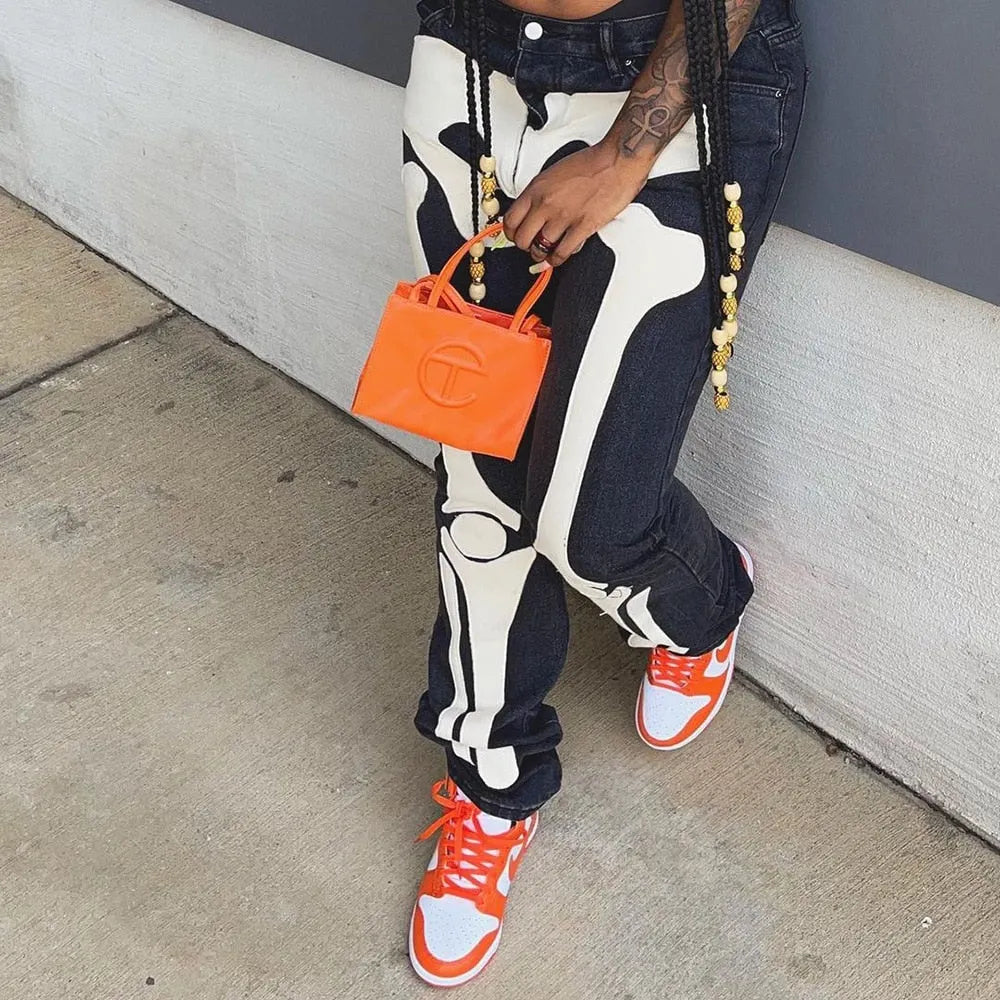 KittenAlarm - Women Skeleton Printed Jeans Trousers Casual Halloween Pattern Mid-waist Button Pencil Pants Autumn Y2K Go