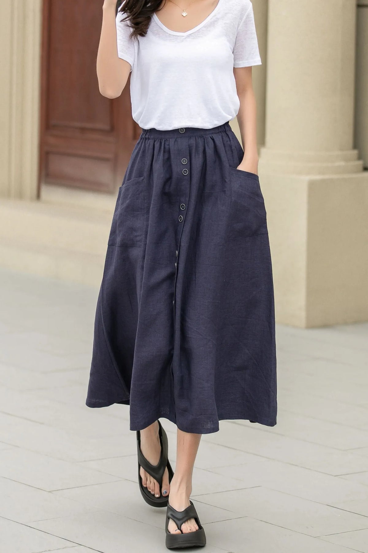 Dark Blue Linen Midi Skirt - Button-Up, Elastic Waistband 4944