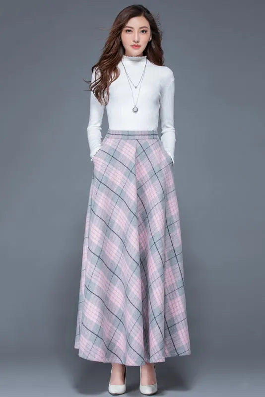 Plaid Wool Blend Maxi Skirt - A-Line Ankle Length with Pockets 3935