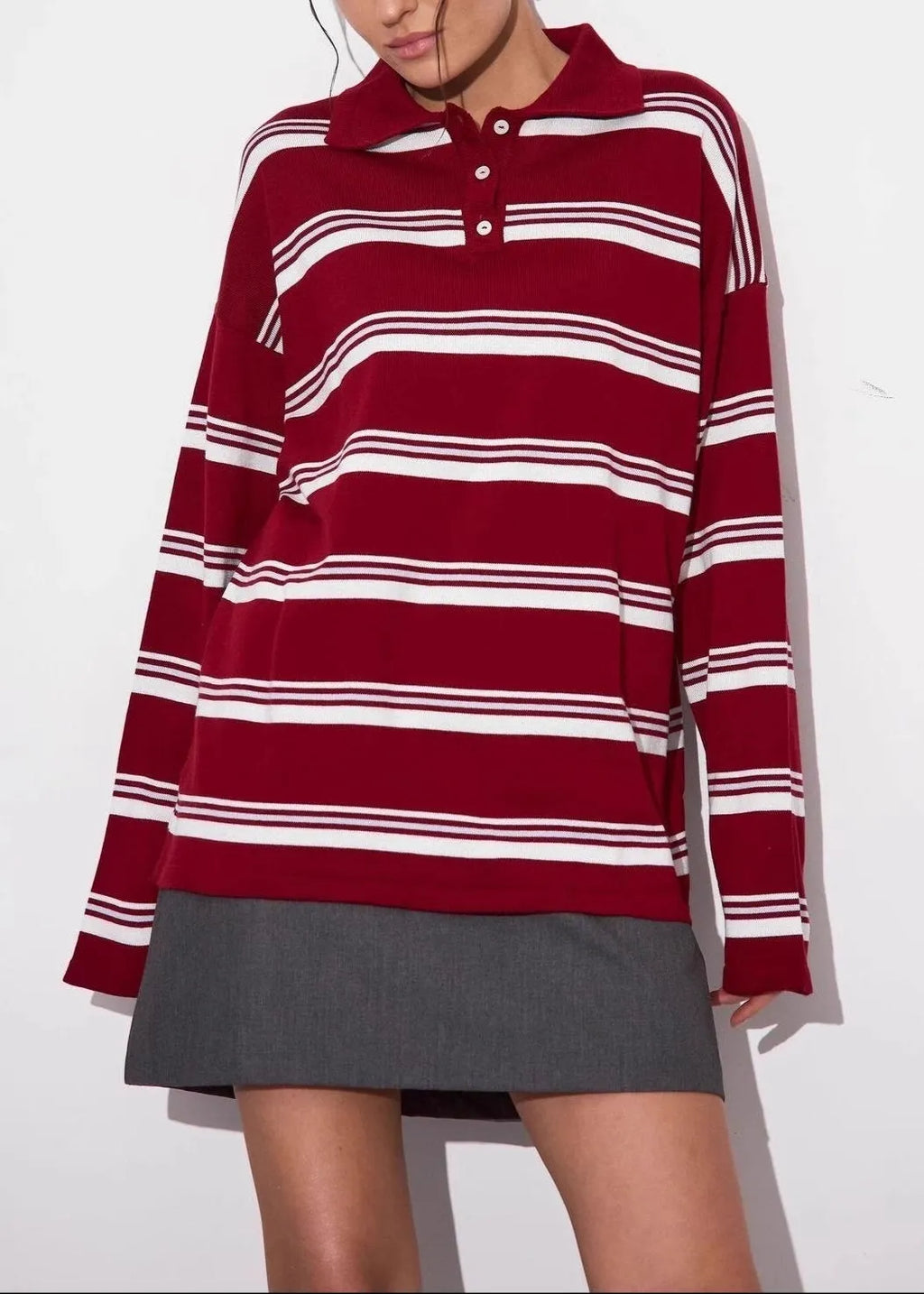 Relaxed Collared Striped Long Sleeve Blouse
