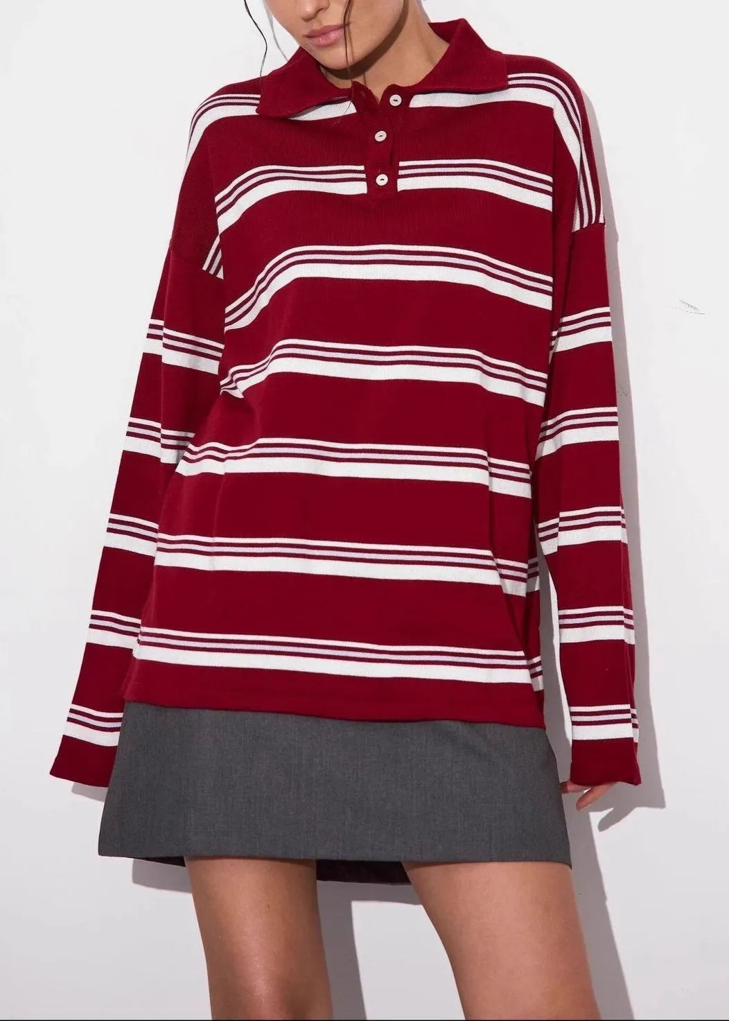 Relaxed Collared Striped Long Sleeve Blouse
