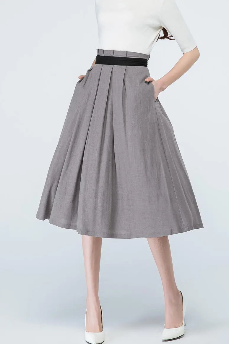 Grey Linen Blend A-Line Midi Skirt - Pleated Waist with Side Pockets 1691