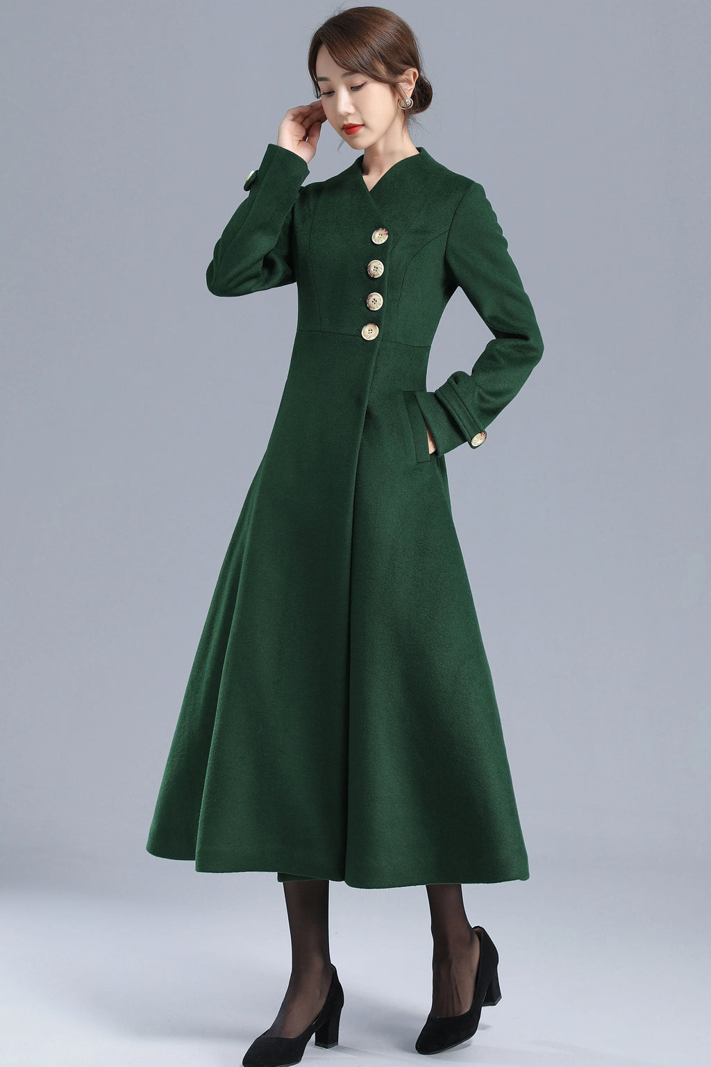 Emerald Green Wool Blend Trench Coat - Fit and Flare Silhouette 3207