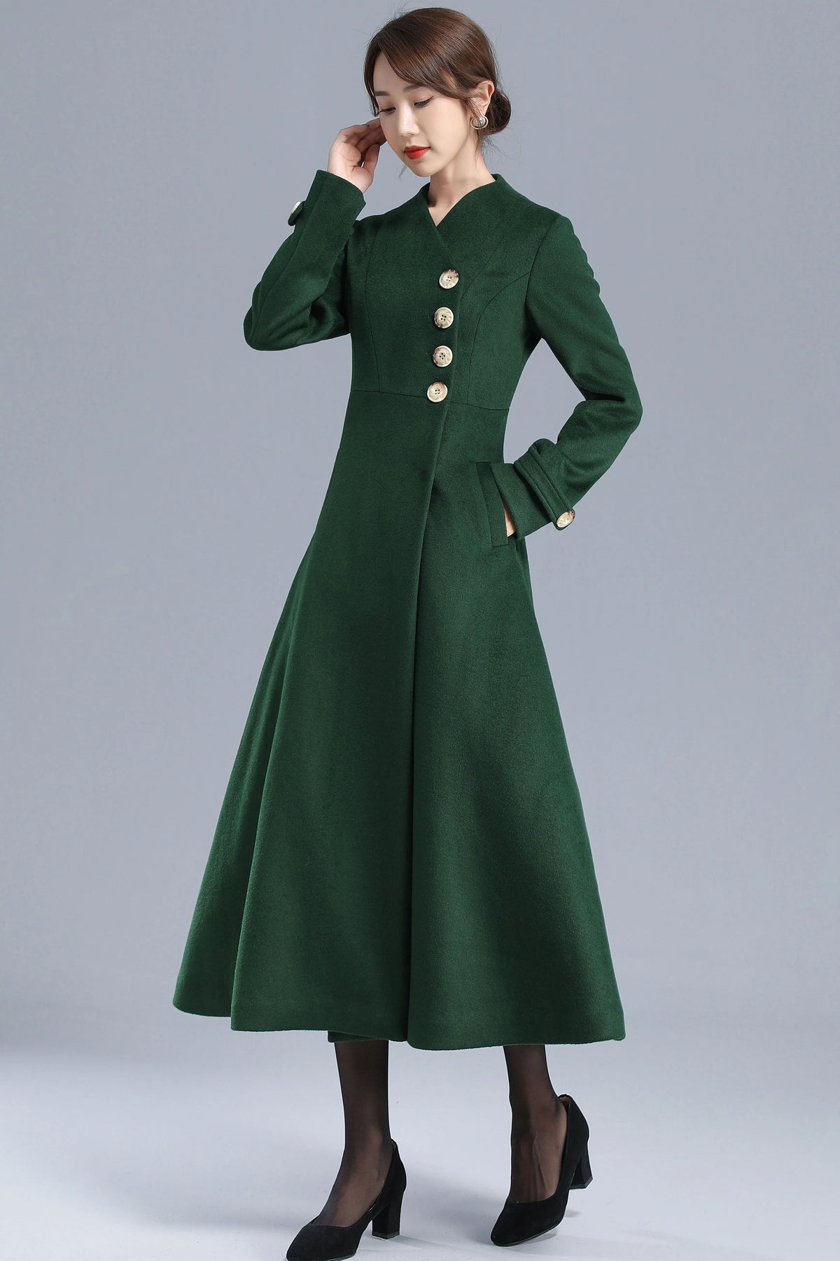Emerald Green Wool Blend Trench Coat - Fit and Flare Silhouette 3207