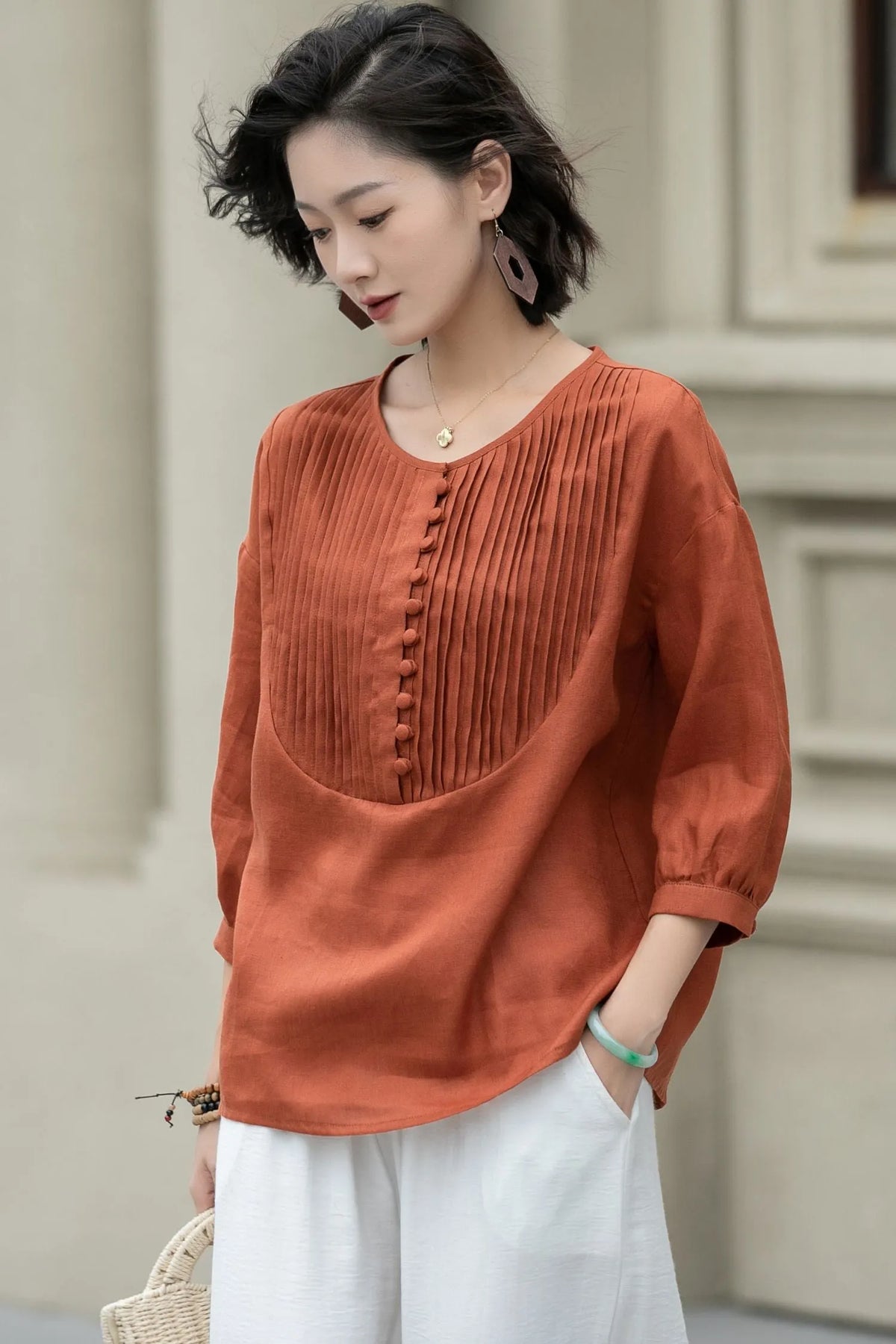 Rust Red Cotton Linen Tunic Top - 3/4 Sleeve Crew Neck 