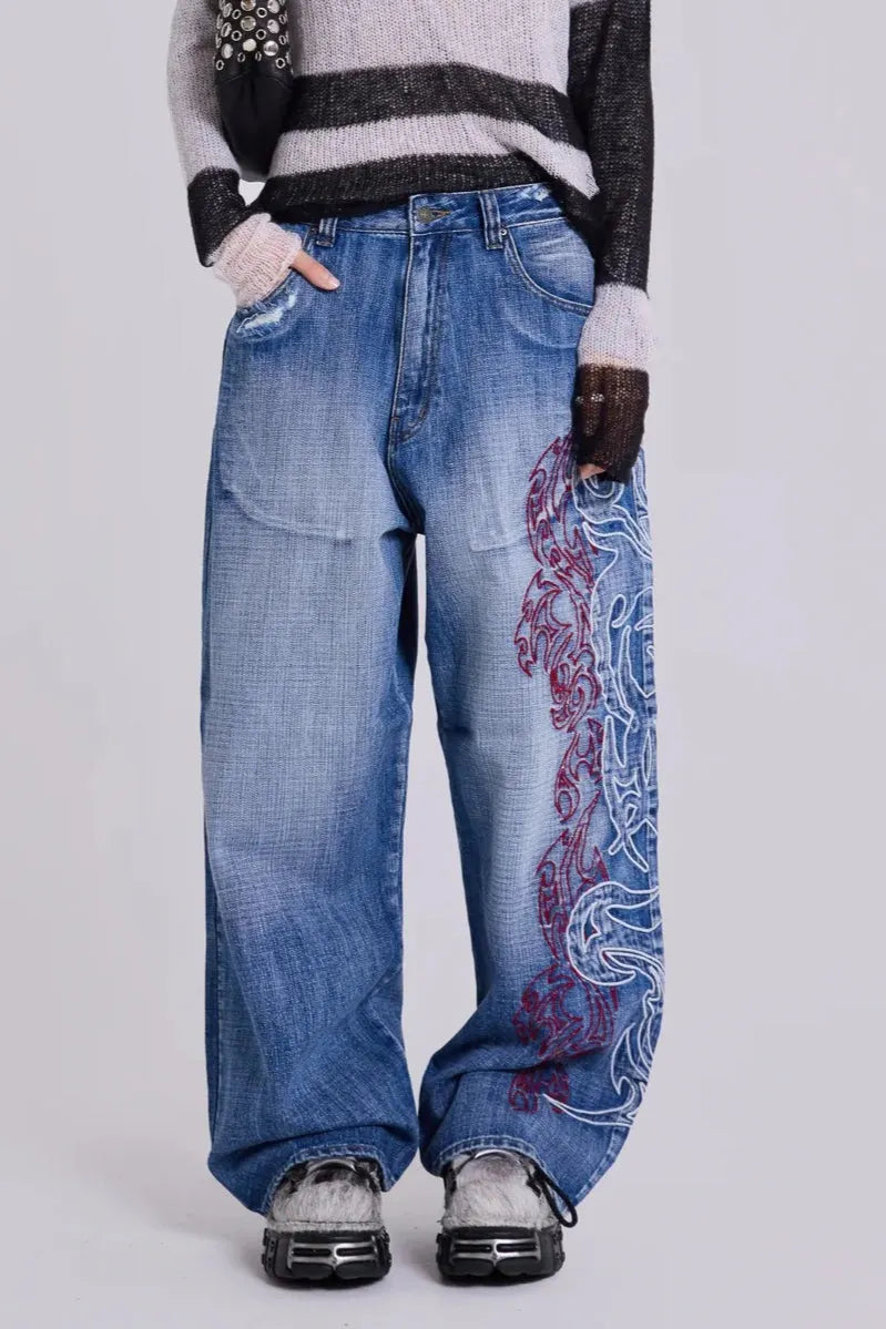 Y2K Embroidered Wide Jeans