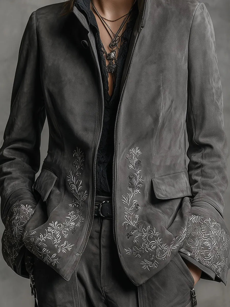 Boho Rock Stand Collar Embroidered Suede Jacket