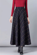 Black Wool A-Line Maxi Skirt - Plaid Pattern with Pockets 4640-1