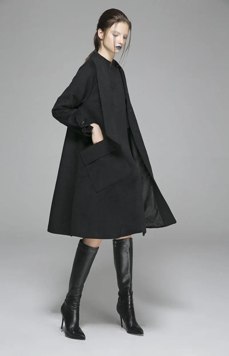 Handmade Black Wool Coat – Oversized A-Line Winter Overcoat with Big Pockets 