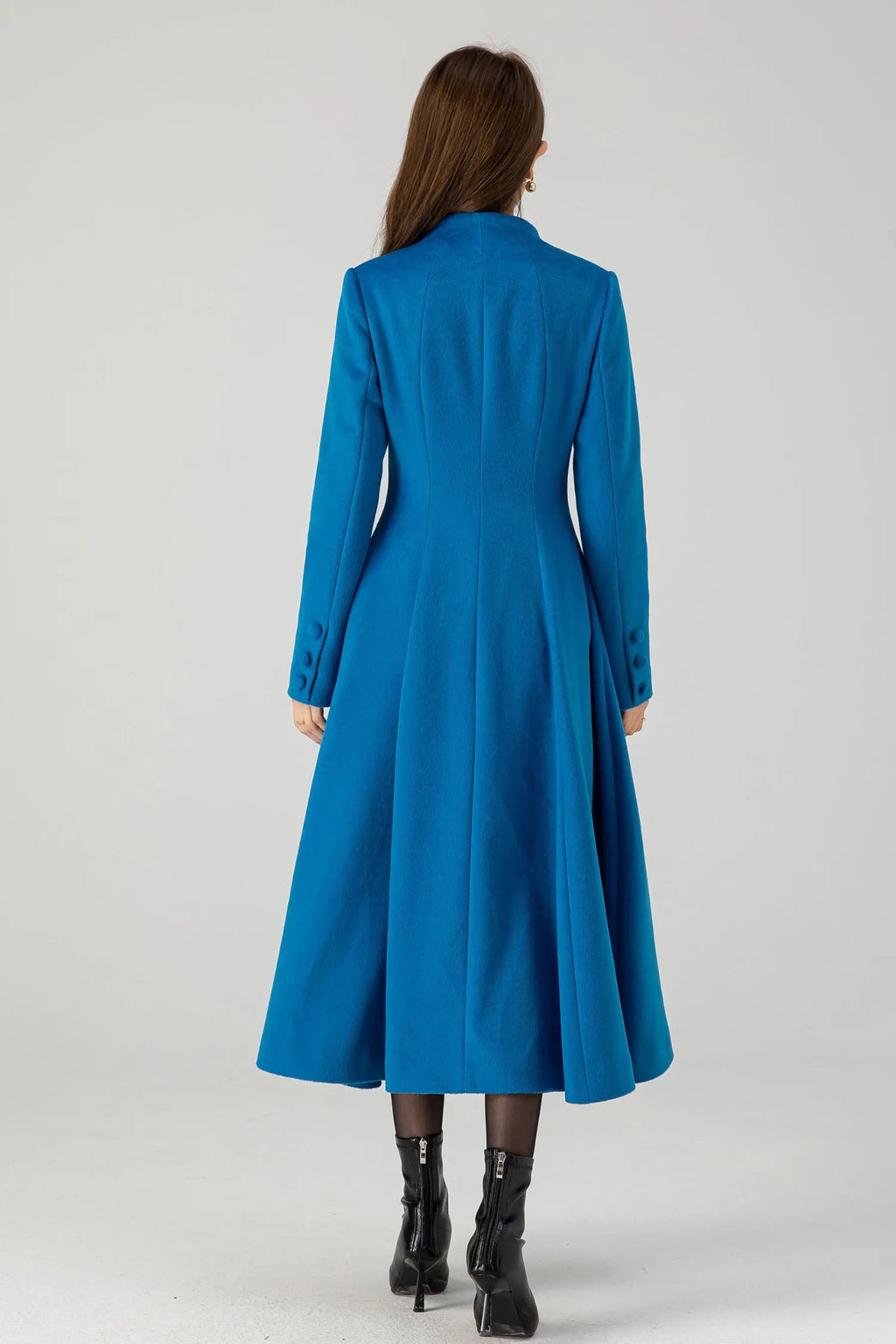 Blue Wool Swing Midi Coat - Double-Breasted Elegant Fit 4602