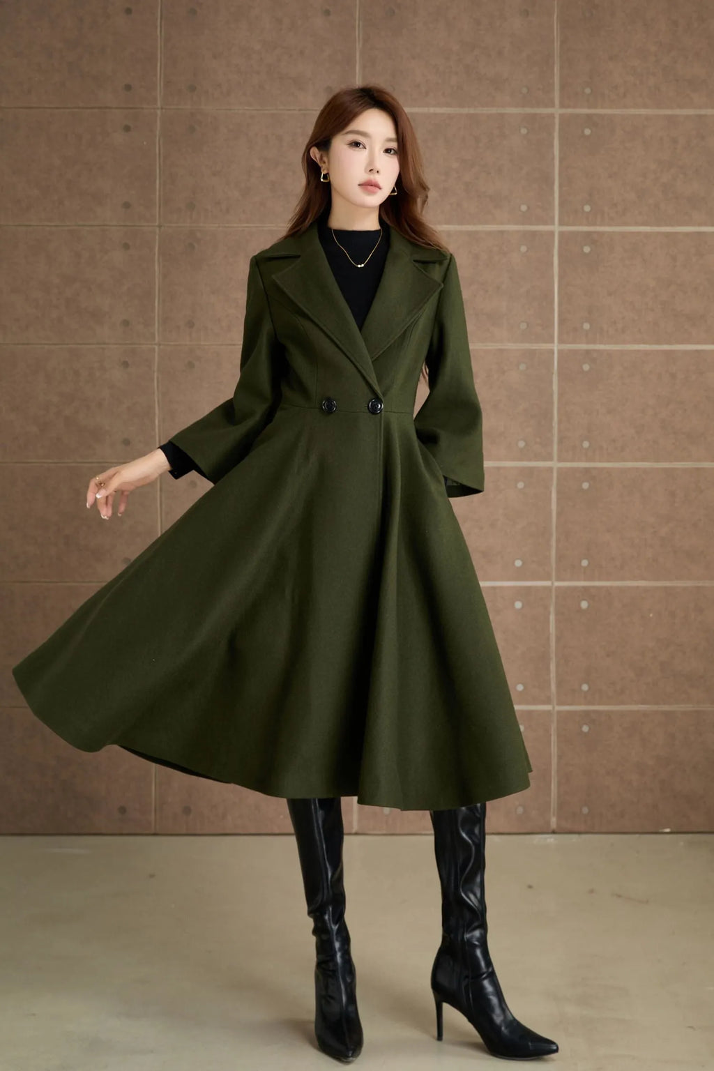 Green Wool Princess Coat - Fit and Flare, 3/4 Sleeves 5364