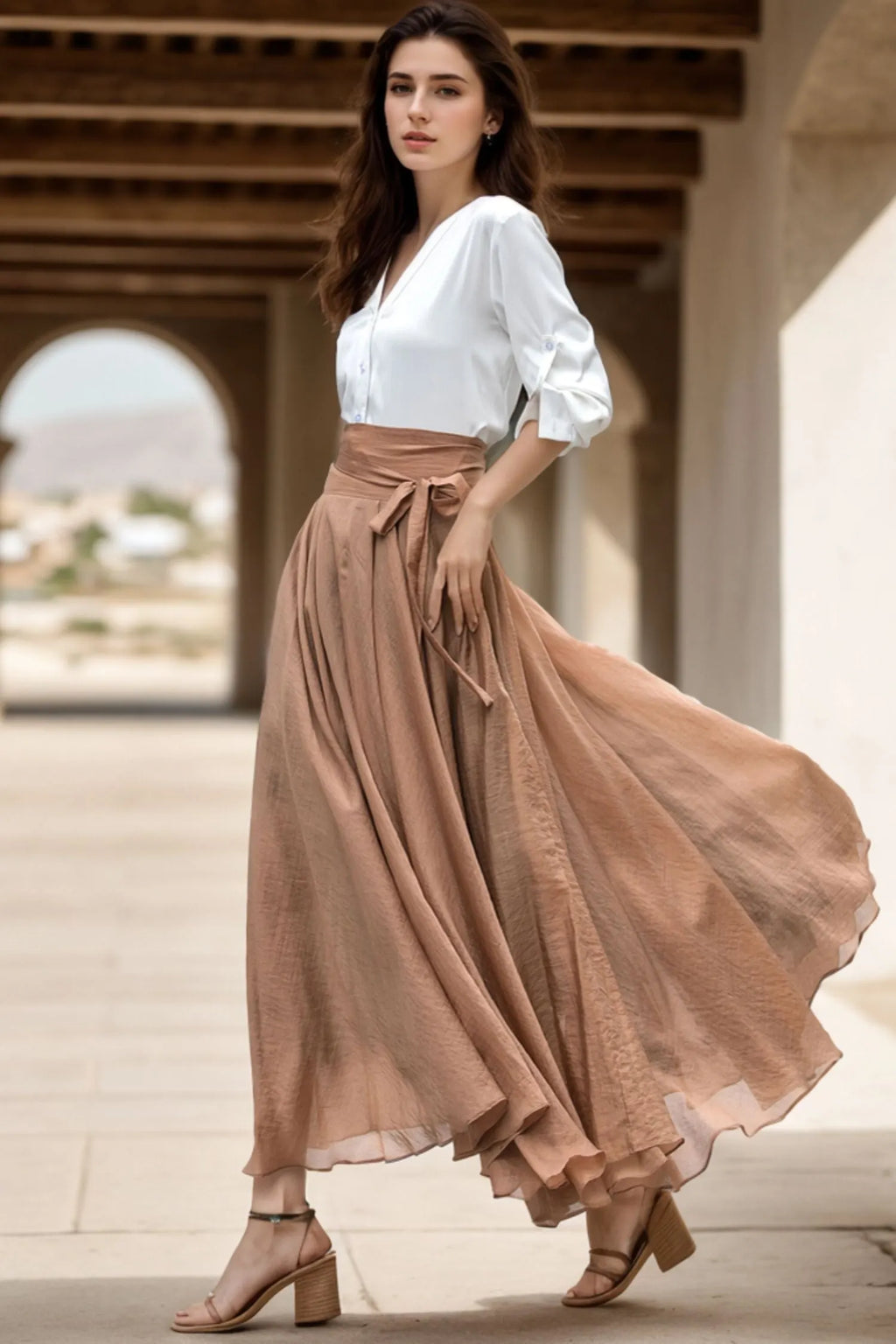 Brown Chiffon Circle Maxi Skirt - High Waist Self-Tie Belt 