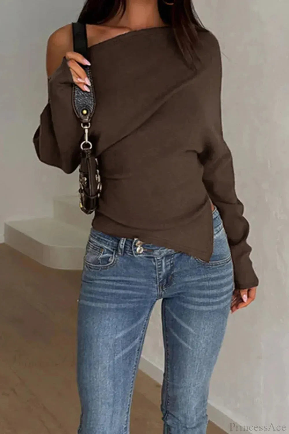 Solid Fleece Off-shoulder Slim Long Sleeve Tee