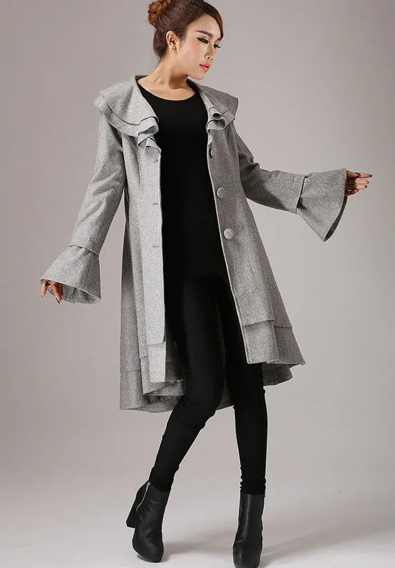 Wool Ruffled Coat – Women’s Vintage Belted Layered Hem Jacket 0763
