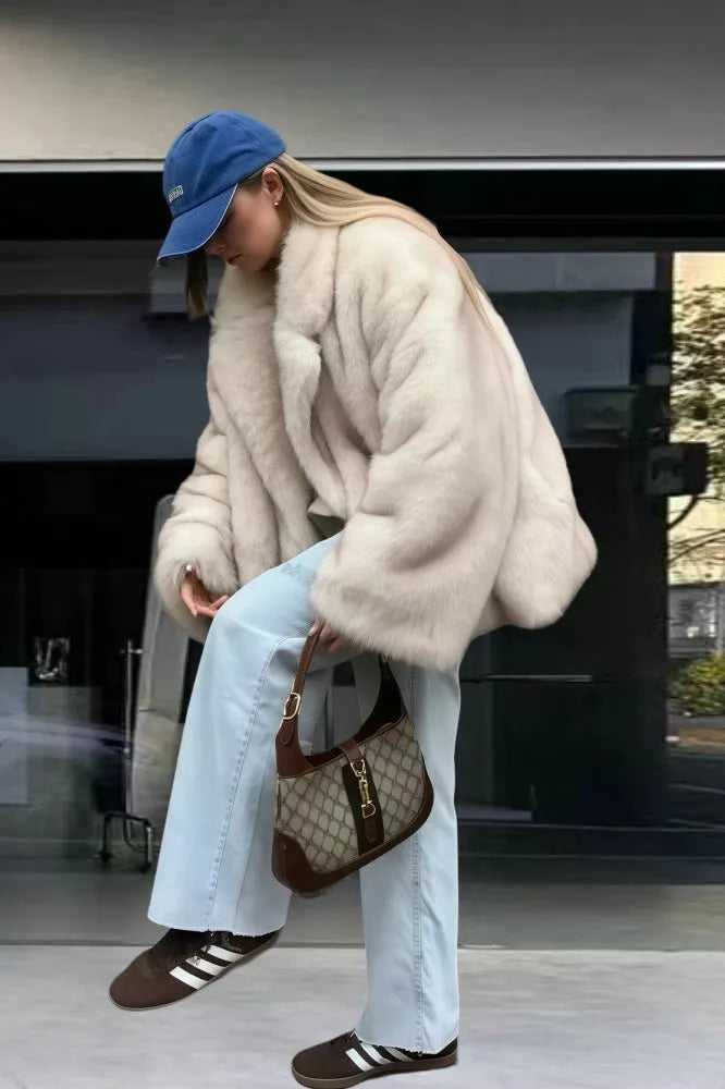 Faux Fox Fur Long Sleeve Coat
