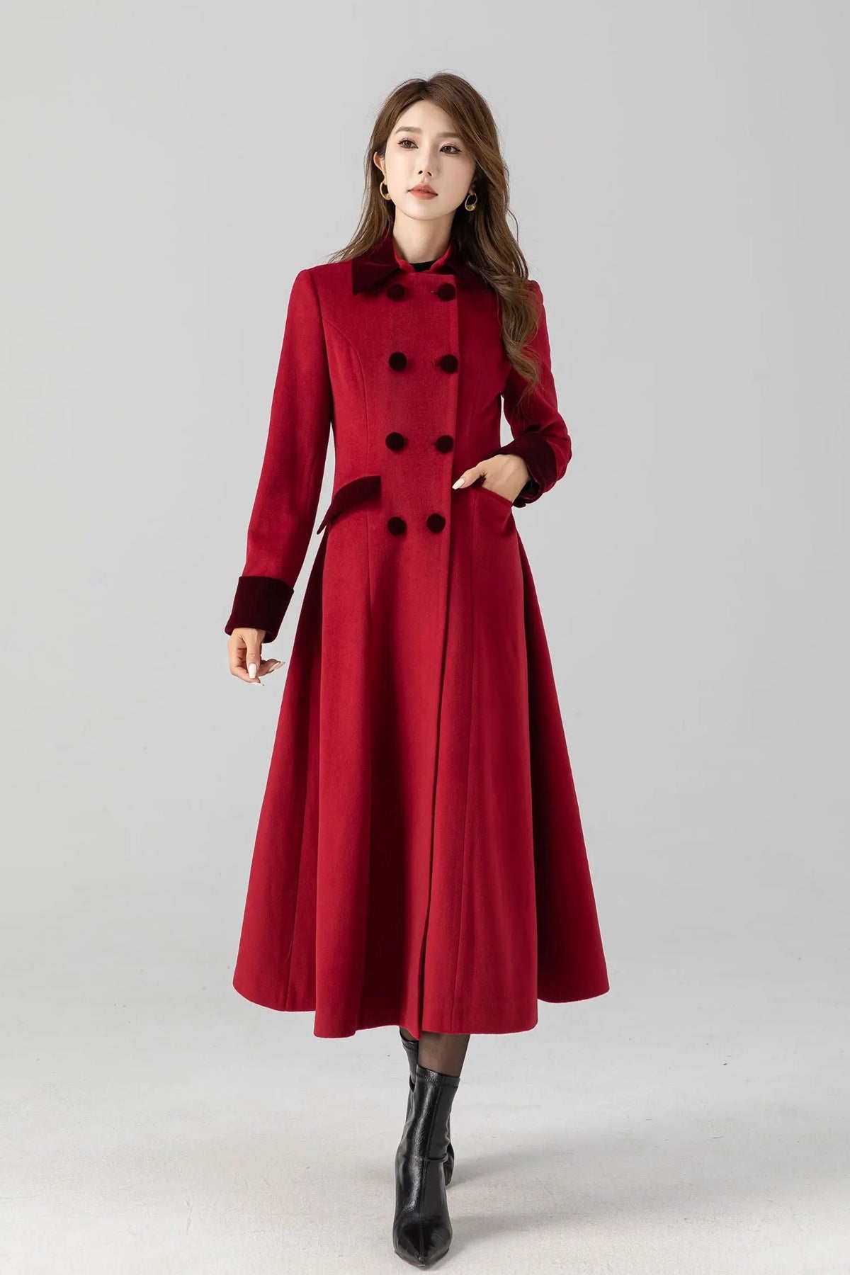 Handmade Vintage Red Wool Coat – A-Line Double Breasted Winter 
