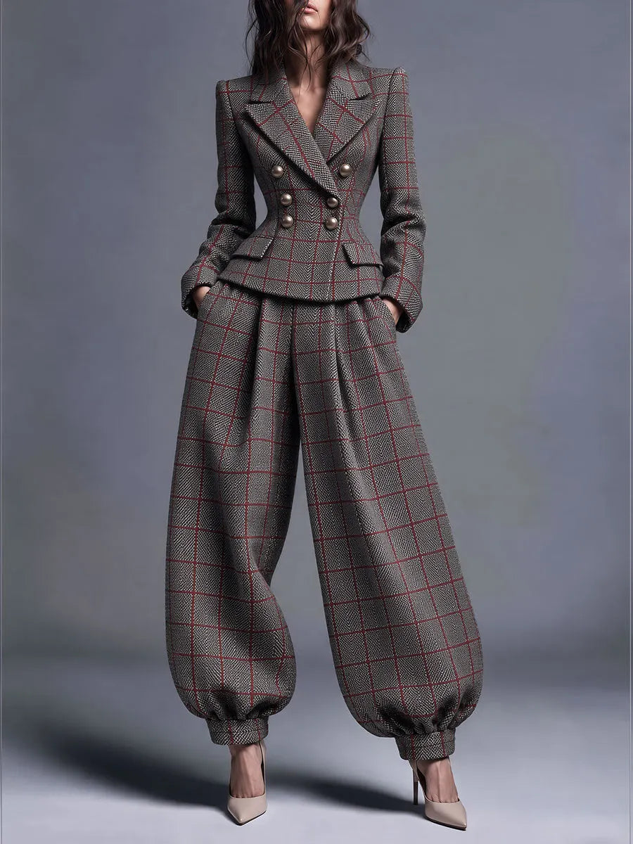 Retro Tailored Double-Breasted Plaid Blazer