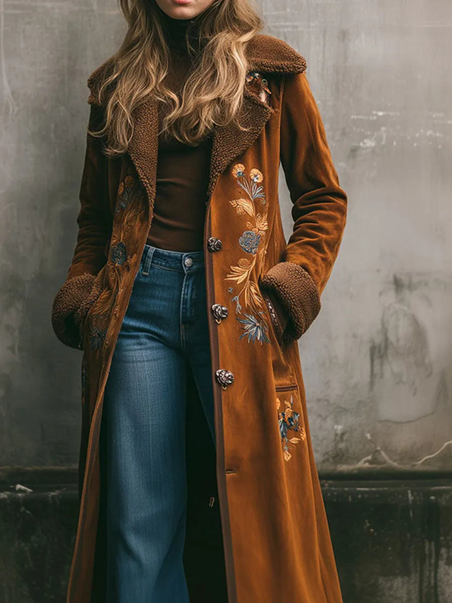 Vintage Embroidered Microsuede Shearling Lining Long Coat