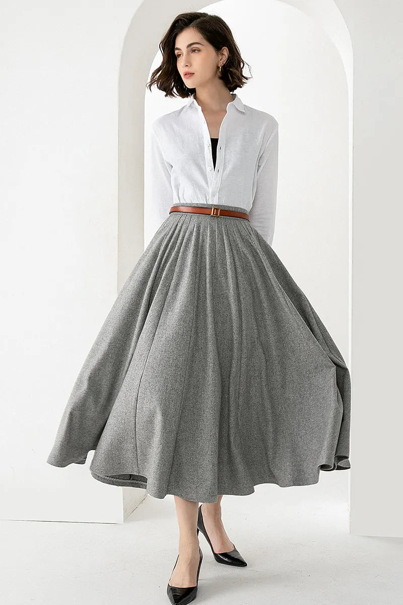 Women’s Light Gray Wool Midi Skirt – Elegant Handmade Swing Skirt 