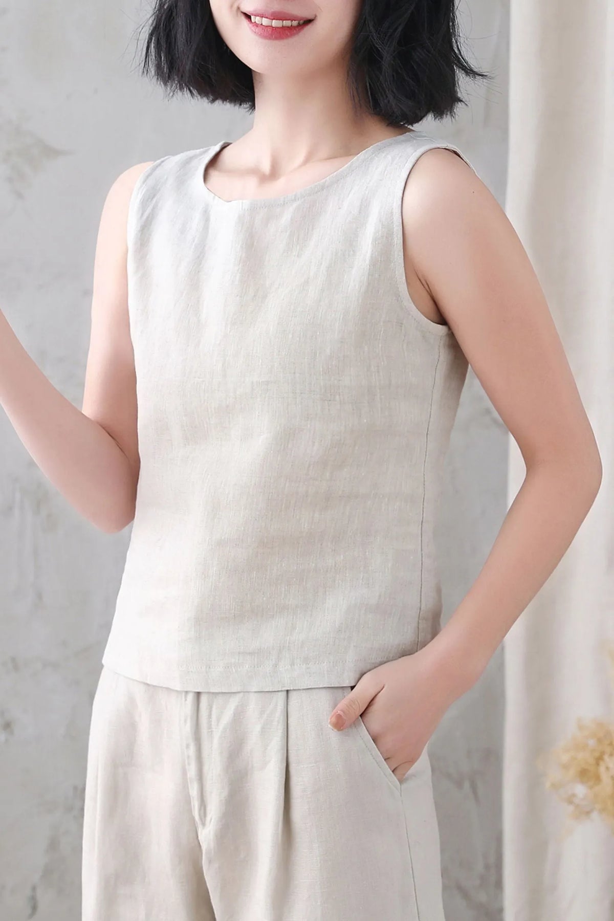 Beige Linen Tank Top - Loose Fit Scoop Neck Sleeveless 3345