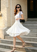 White Chiffon Knee-Length Skater Skirt - Two-Layer, High-Waisted Circle Silhouette 6797