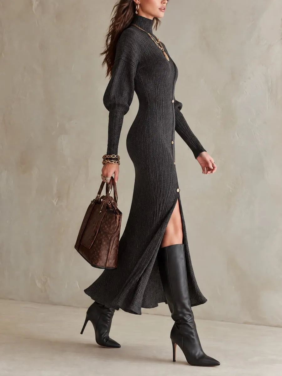 Women's Charcoal Ribbed Knit High-Neck Maxi Dress with Gold-Tone Buttons and Front Slit