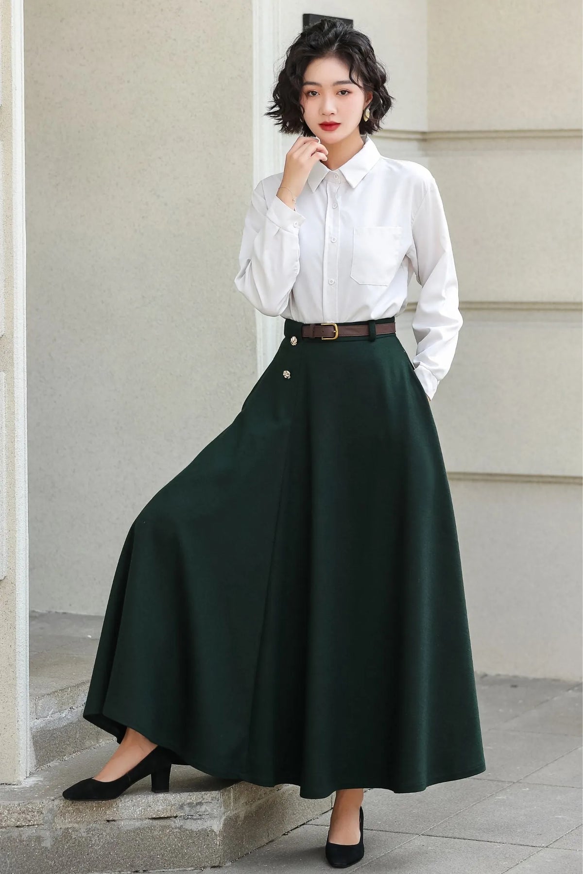 Dark Green Wool A-Line Ankle-Length Skirt - Flowy Elegant Winter Style 6976