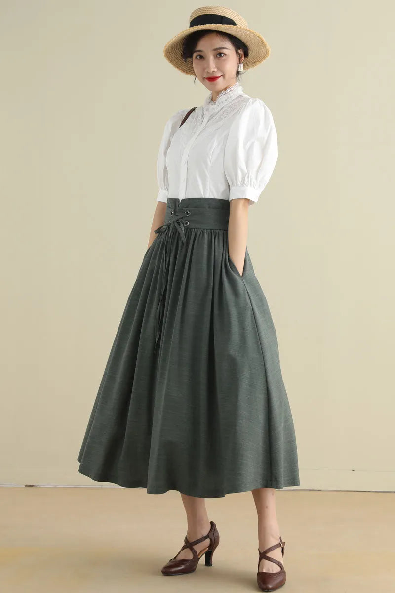 Green Linen Cotton Midi Skirt - Pleated High Waist with Drawstring 2788