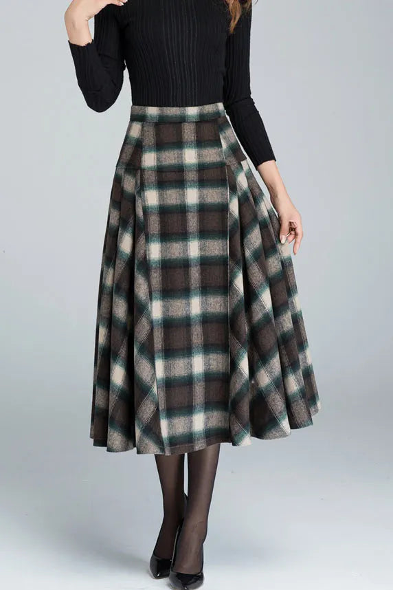 Plaid Wool Blend Midi Skirt – Handmade 1950s Vintage Swing Elegance Xiaolizi 5401