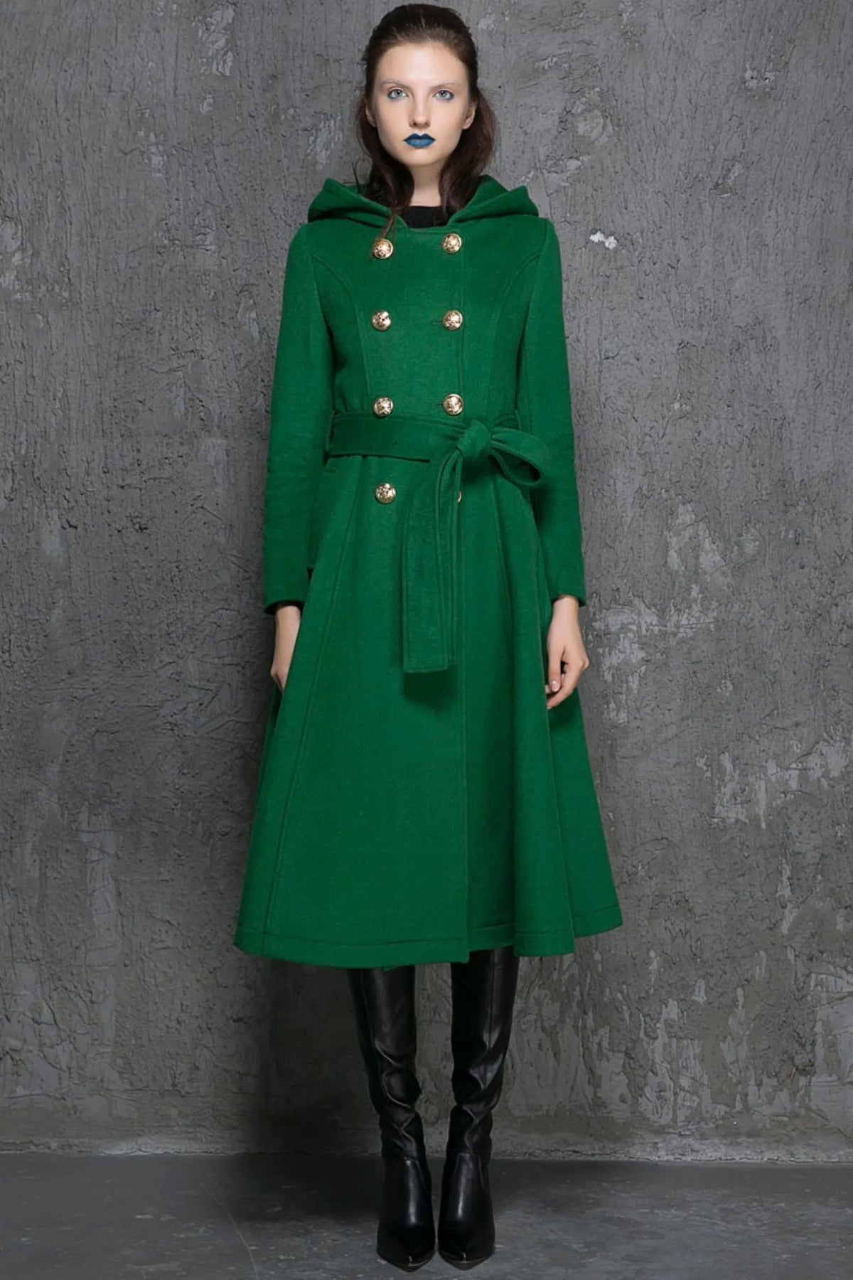 Army Green Wool Coat - Double-Breasted A-Line with Hood 1346