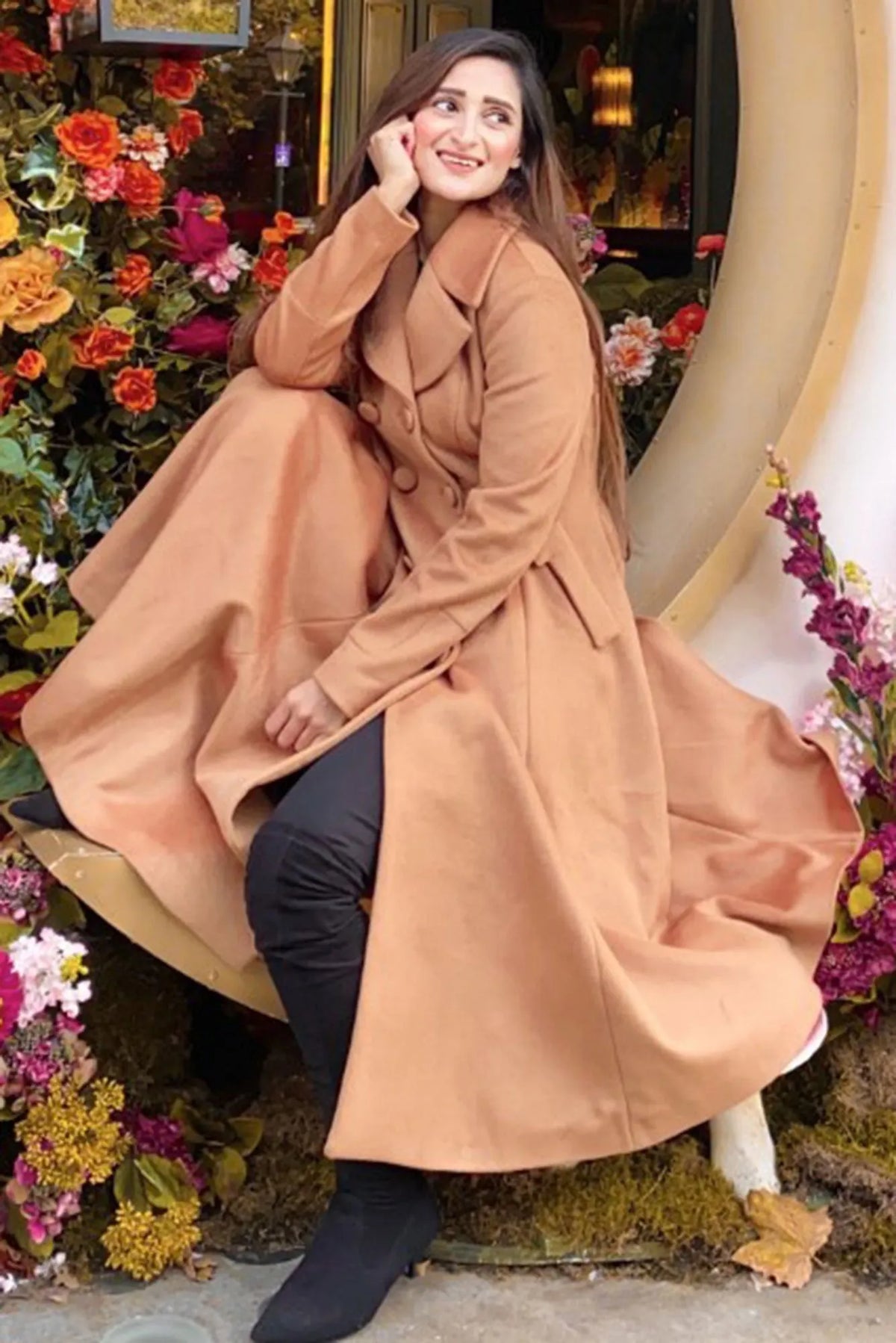 Camel Wool Coat - Fit and Flare, Double Breasted Vintage Style 3222