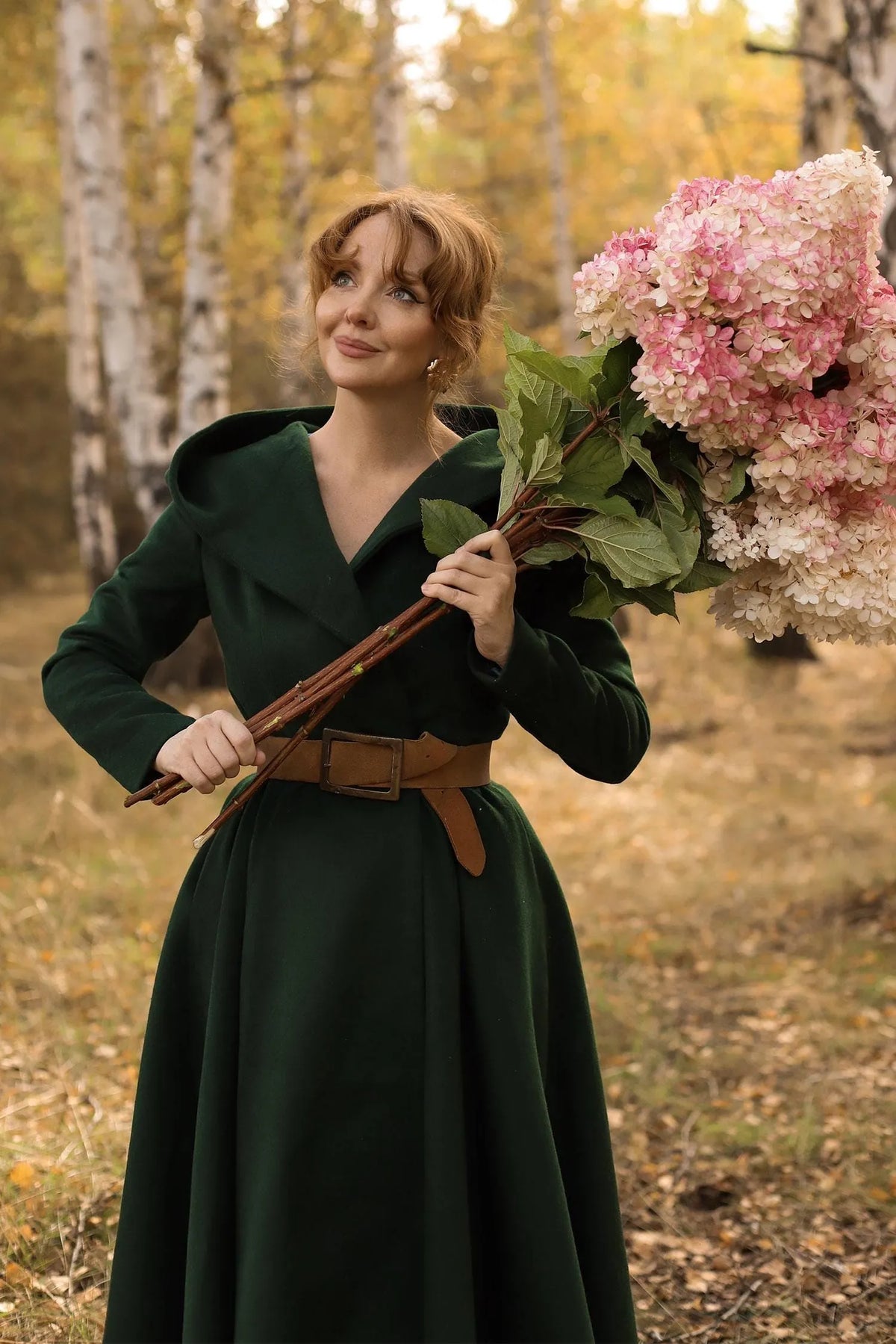 Green Wool Blend Hooded Coat - Belted Oversize Flare 