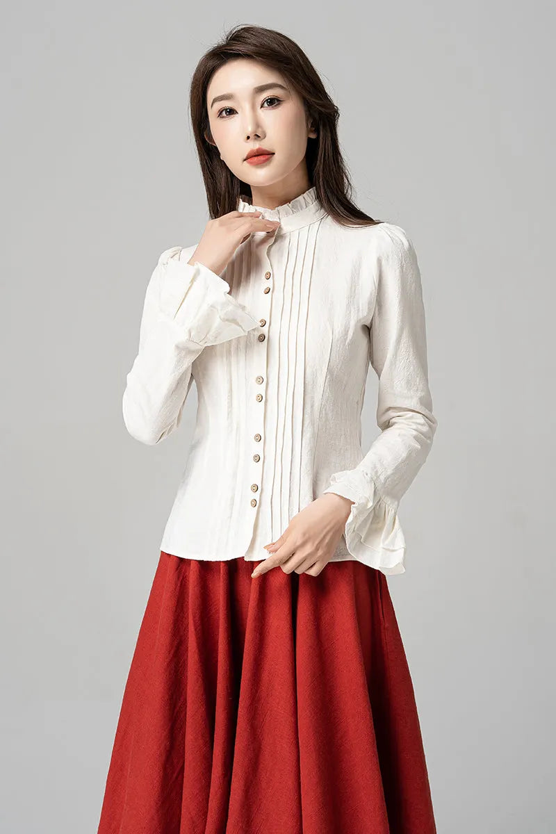 White Linen Blouse - Frill Mock Neck Lantern Sleeve Button-Up 