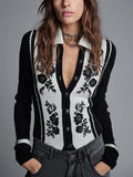 Vintage Black Floral Jacquard Contrast Knit Cardigan