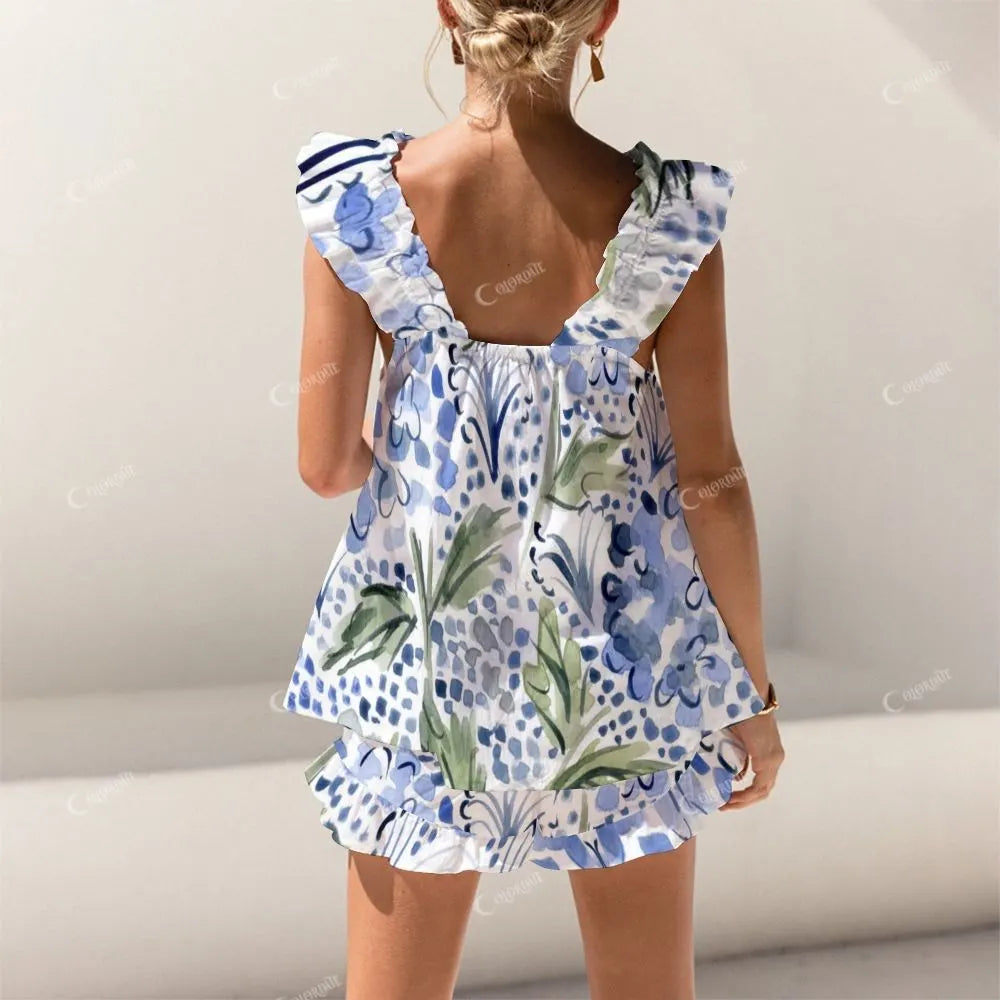 Short Tank Top Shorts Blue Flower Ink Art Pajama Set