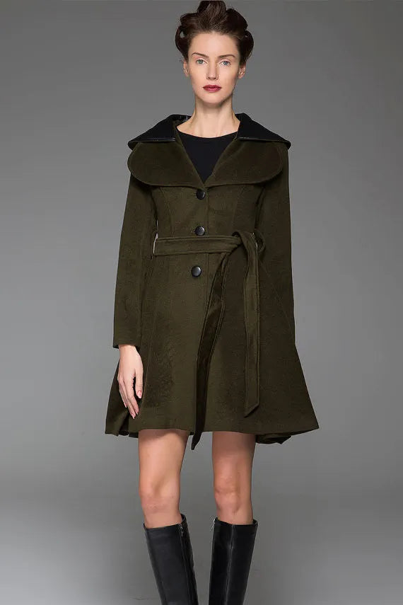 Vintage Wool Coat for Women – Handmade Olive Green Short Belted Winter Coat with Leather Lapel 