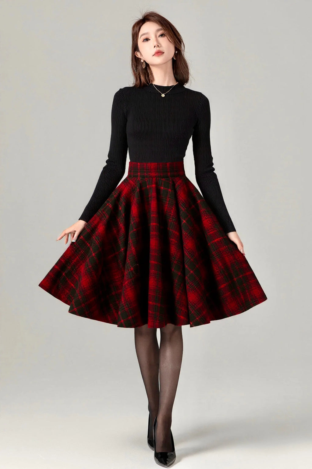 Vintage Plaid Wool Skirt – Handmade Winter Circle Skirt with Pockets 