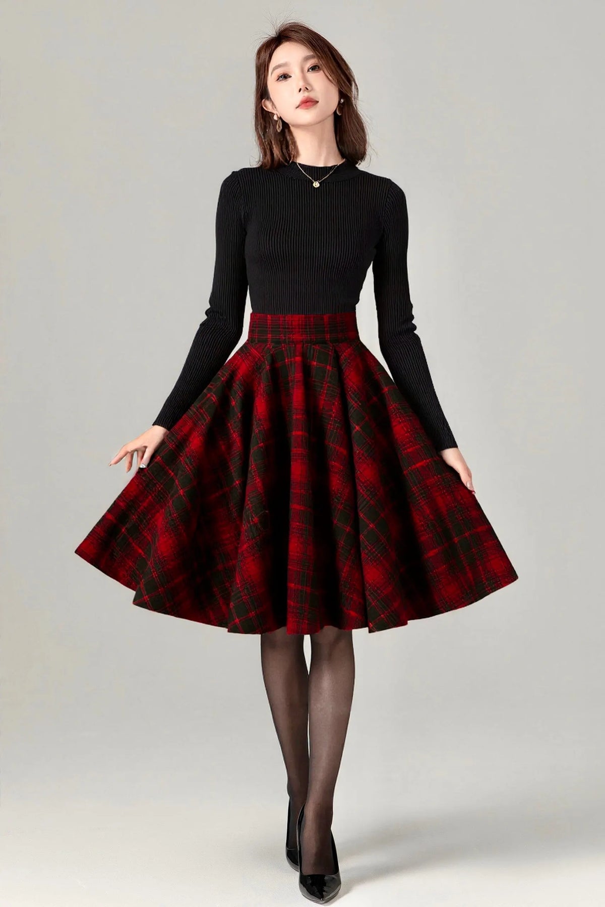 Vintage Plaid Wool Skirt – Handmade Winter Circle Skirt with Pockets 