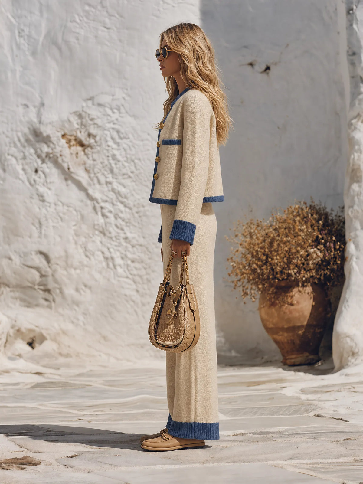 Resort-style Round Neck Long-sleeved Button-down Jacket And Trousers Set