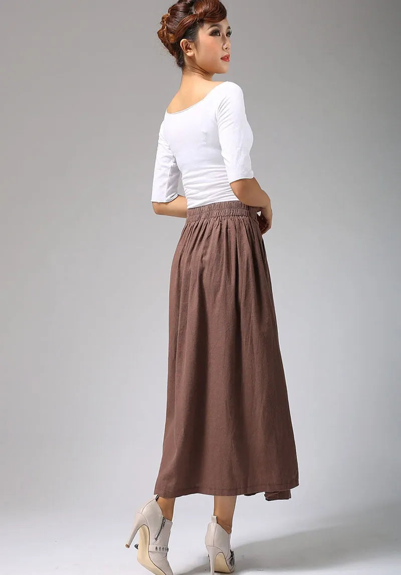 Women’s Brown Linen-Cotton Maxi Skirt – Elastic Waist Long Pleated Skirt 
