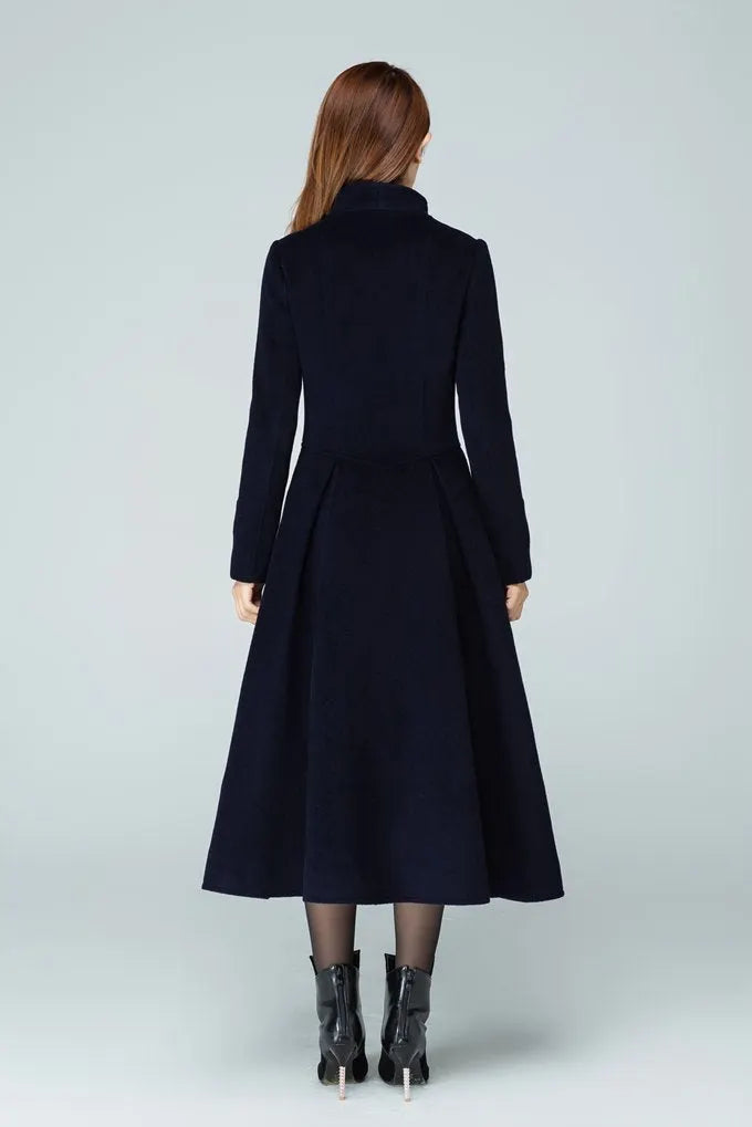Classic Navy Wool Blend Coat – High Collar & Flowing Midi Silhouette 1605