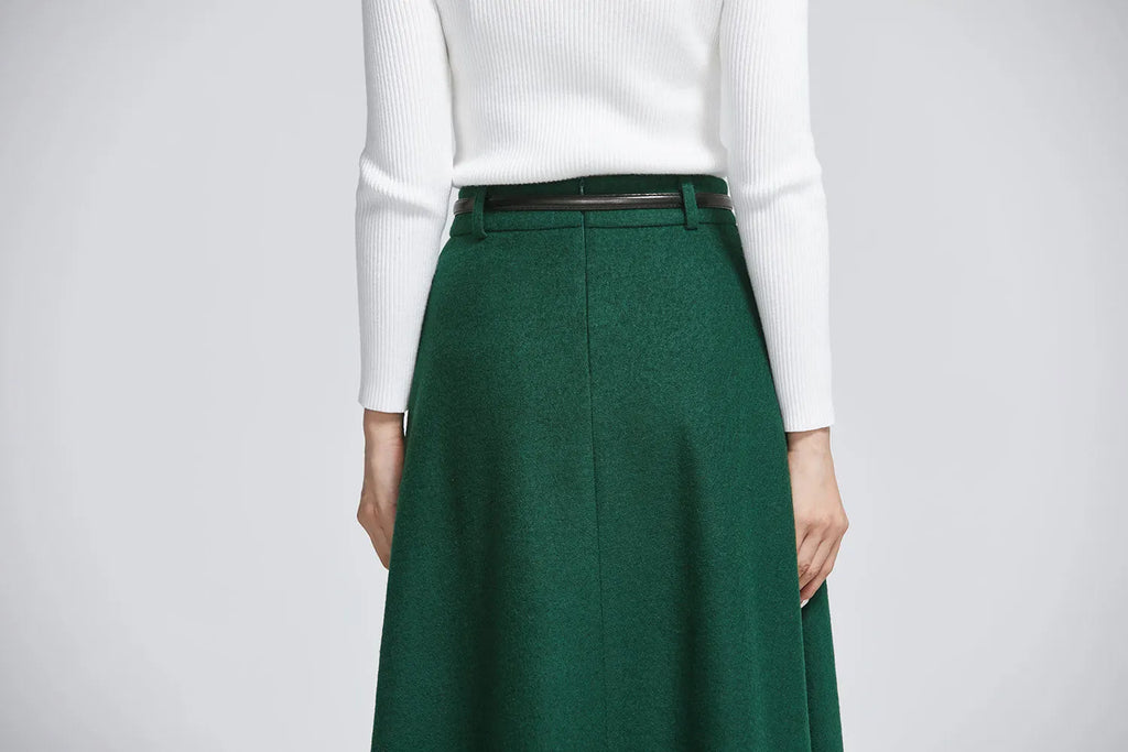 Dark Green Wool Blend Midi Skirt – Elegant Buttoned A-Line Skirt 
