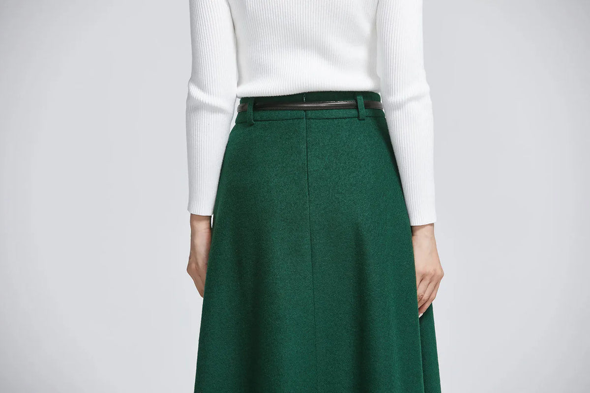 Dark Green Wool Blend Midi Skirt – Elegant Buttoned A-Line Skirt 
